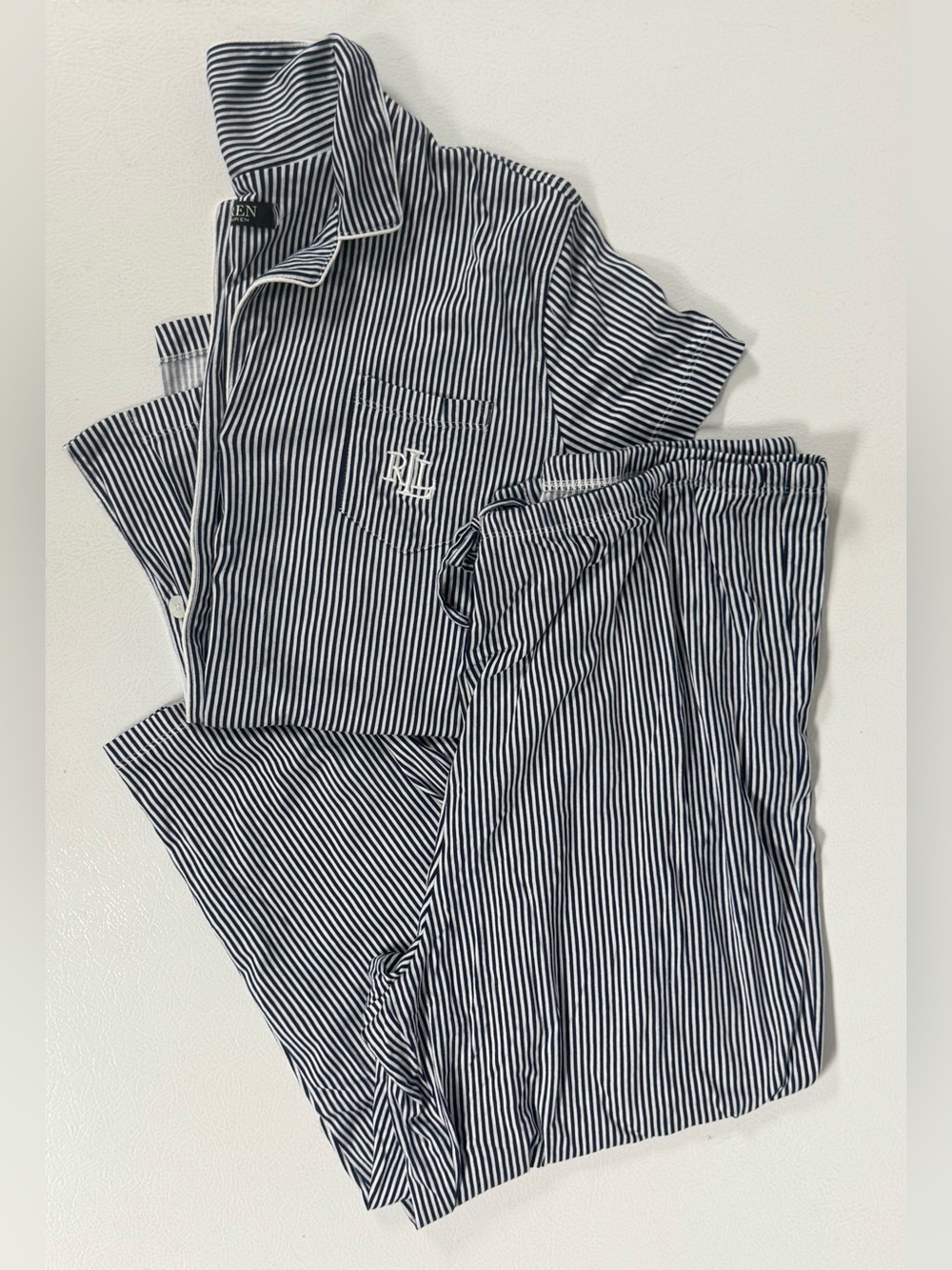LRL Ralph Lauren Black Label Stripe Blue Pajama Set Short Buttons Embroidered XL